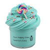 A jar of light blue slime with a swirl of rainbow-colored candy on top.