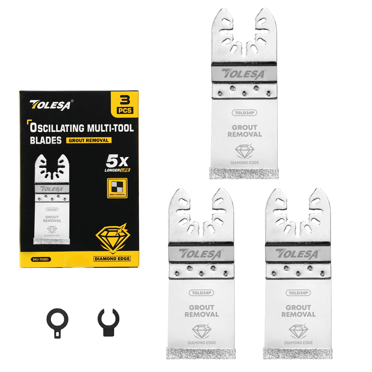A set of three Tolesa oscillating multi-tool blades for grout removal, packaged in a black box.