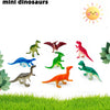 A collection of eight colorful mini dinosaur figurines displayed on a green grassy surface.