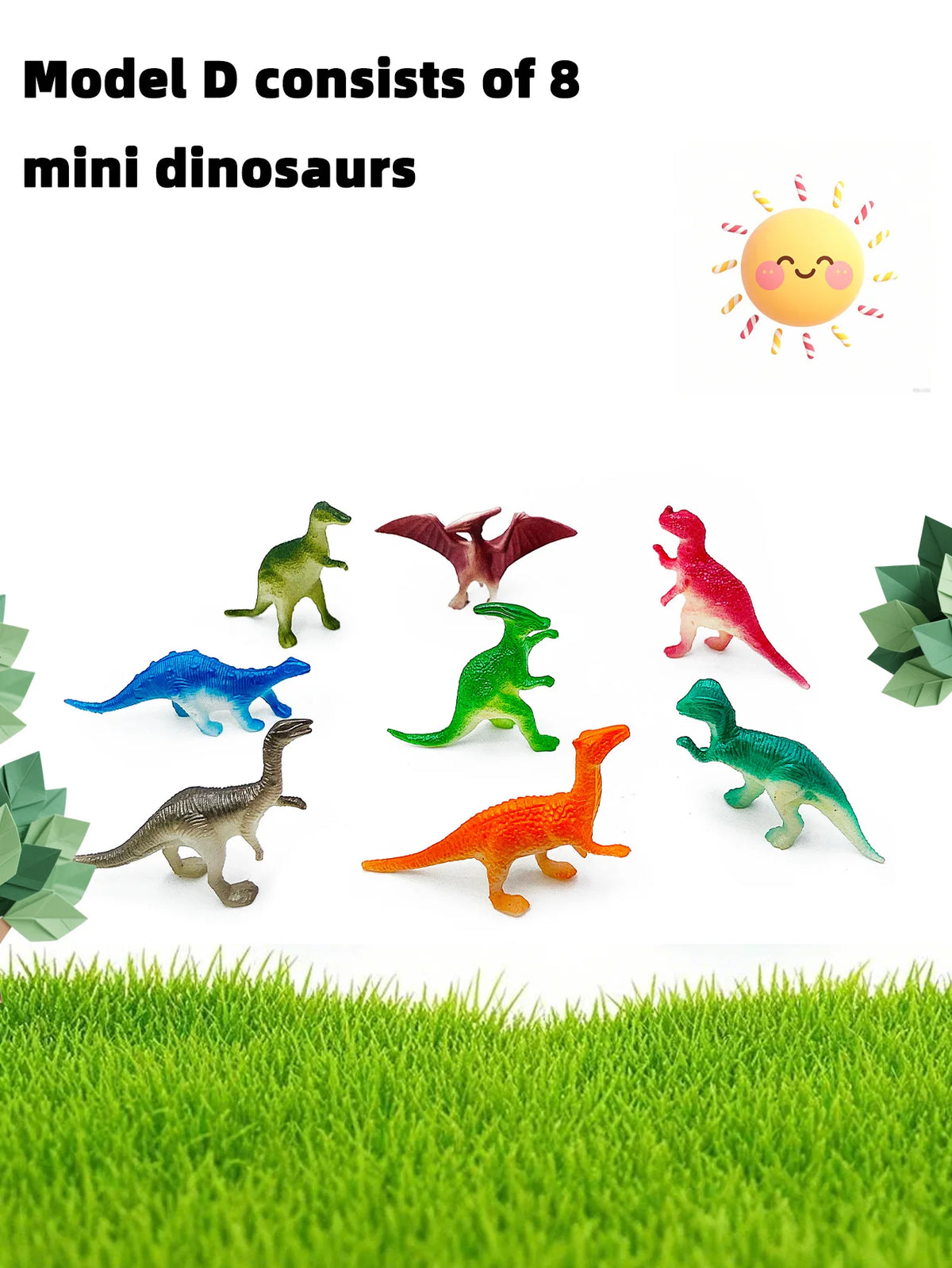 A collection of eight colorful mini dinosaur figurines displayed on a green grassy surface.