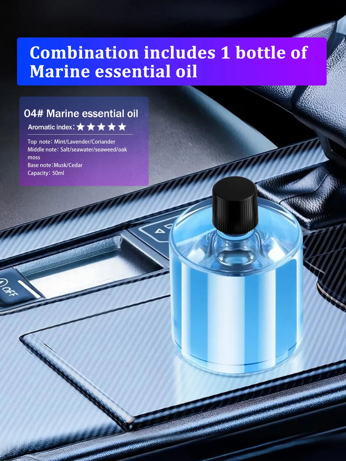 Une bouteille d'huile essentielle marine posée sur une surface intérieure de voiture noire.