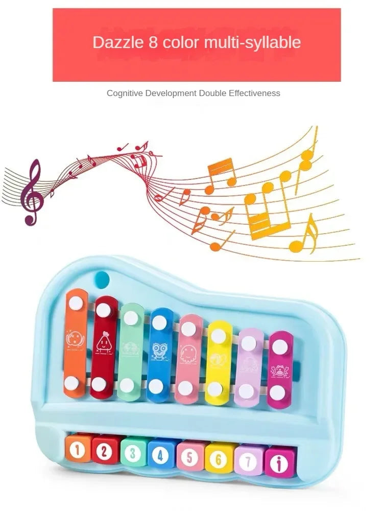 A light blue Montessori musical xylophone piano with colorful bars for toddlers.