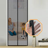 A pair of magnetic screen door curtains with auto-close mesh are shown in a modern interior setting.