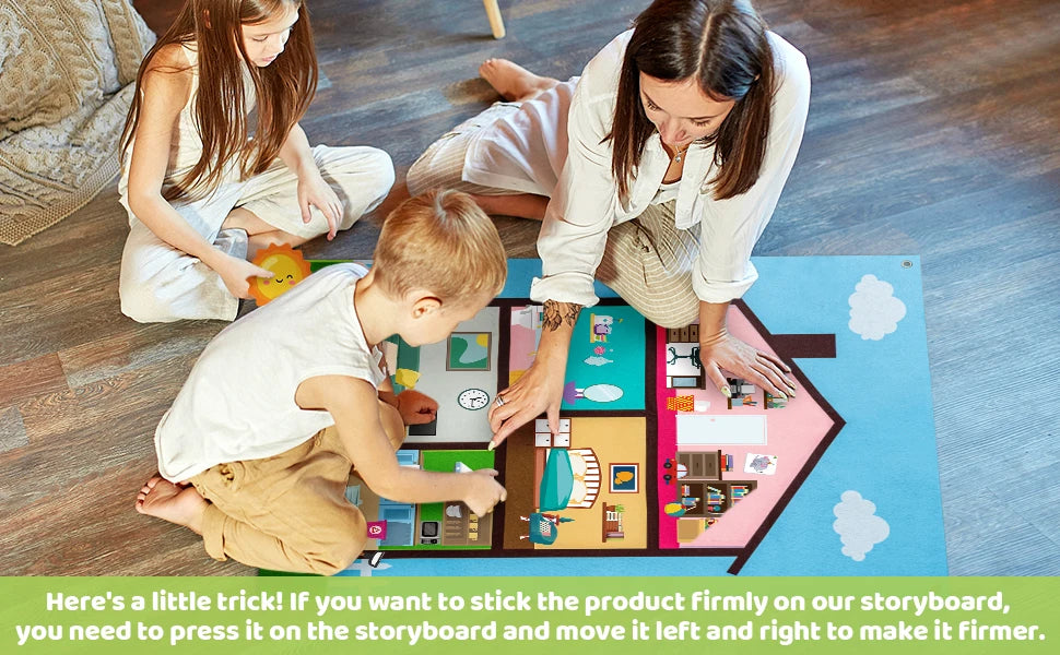 Children are interacting with a Farm Animals Felt Story Busy Board learning set on the floor.