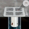 A disposable drain hair catcher device with multiple mesh plates is shown, featuring a magnified view of trapped hair.