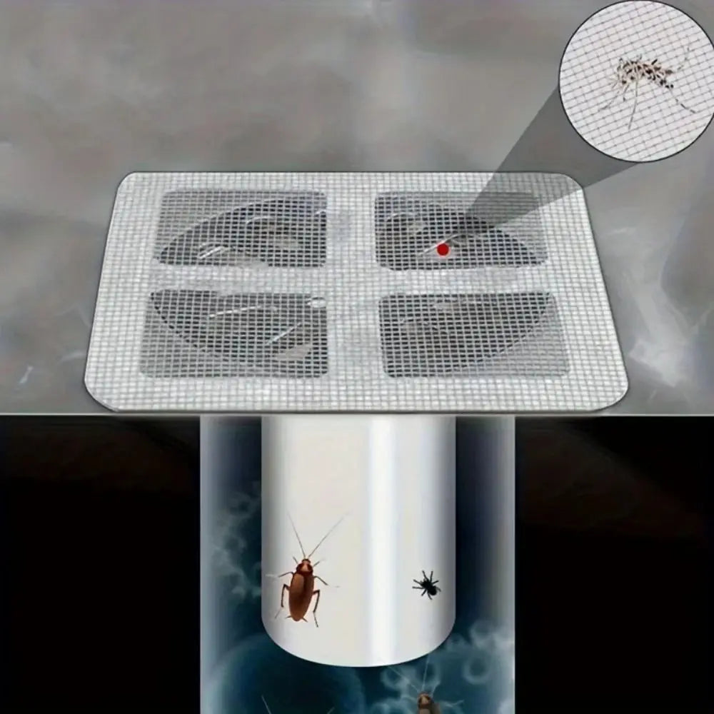 A disposable drain hair catcher device with multiple mesh plates is shown, featuring a magnified view of trapped hair.