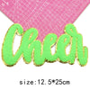 A large green chenille letter patch spelling Cheer with gold glitter outline