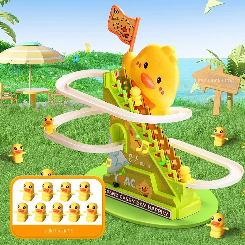 A yellow duck toy designed for stair climbing with lights and music set in a grassy outdoor environment.