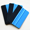 A set of three black suede felt squeegees with blue plastic handles for vinyl wrap and window tint installation.