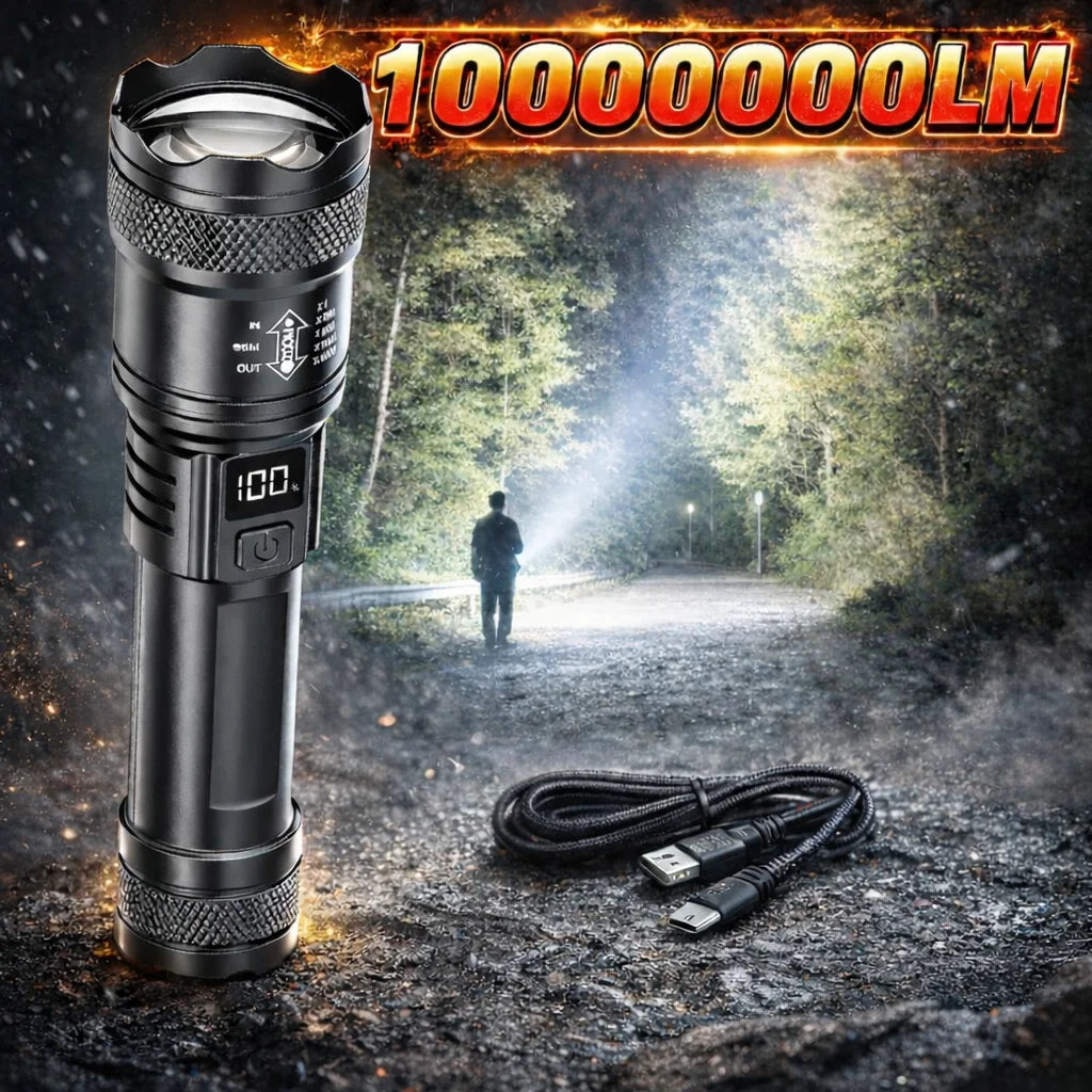 A black tactical LED flashlight with a zoom feature and power display is shown on a rough surface with a cable nearby.