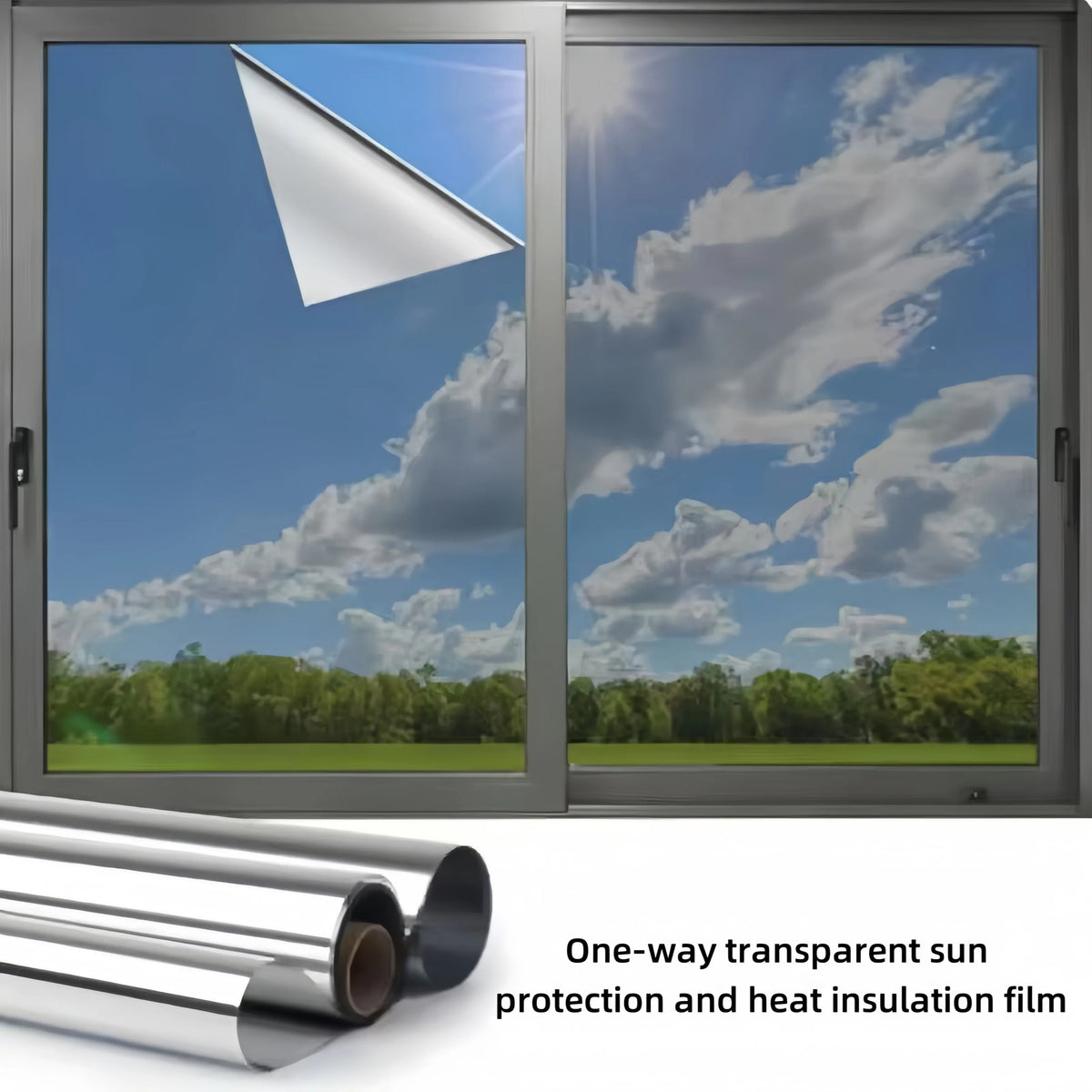 A split view of a window with one-way transparent film protecting the glass from sun and heat.