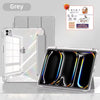 A clear acrylic slim trifold iPad case with a grey back cover and a black display screen is shown on a marble surface.