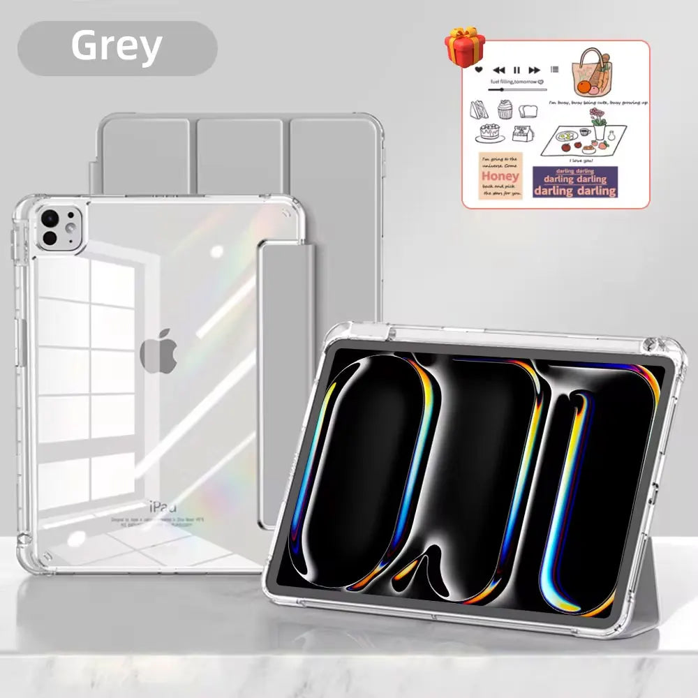 A clear acrylic slim trifold iPad case with a grey back cover and a black display screen is shown on a marble surface.
