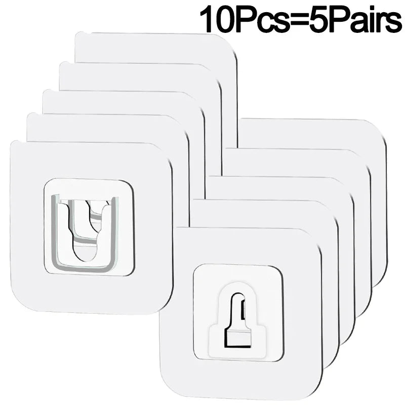 A set of 10 pairs of white invisible adhesive hooks for various rooms.