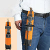 Orange heavy-duty cowhide welding rod storage bag with a hanging hook worn on a belt.