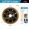 A circular diamond saw blade with a black body and gold edge, designed for cutting tiles, slabs, glass, marble, and ceramic.