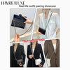 Showcase of outfit pairing featuring black and gold crossbody bags with metal shoulder straps