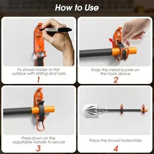 Instructions showing how to use a heavy-duty wall mount tool holder for shovels and axes.