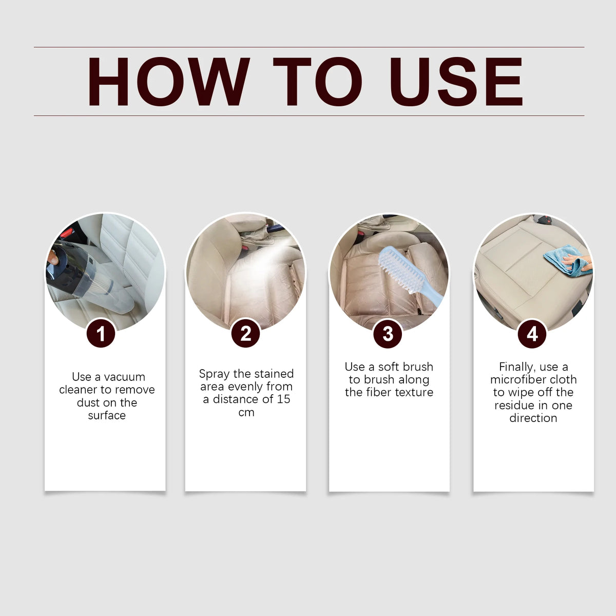Four steps guide on how to use an advanced car interior cleaner and stain remover for cleaning surfaces.
