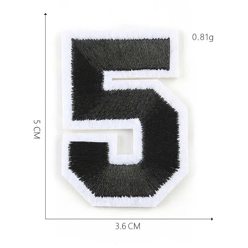 A black iron-on 3D number patch shaped like the numeral 5, measuring 5 cm high and 3.6 cm wide.