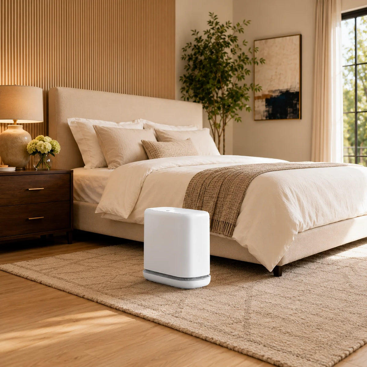 A white touchless trash can with auto bagging is placed on a light beige rug in a modern bedroom setting.