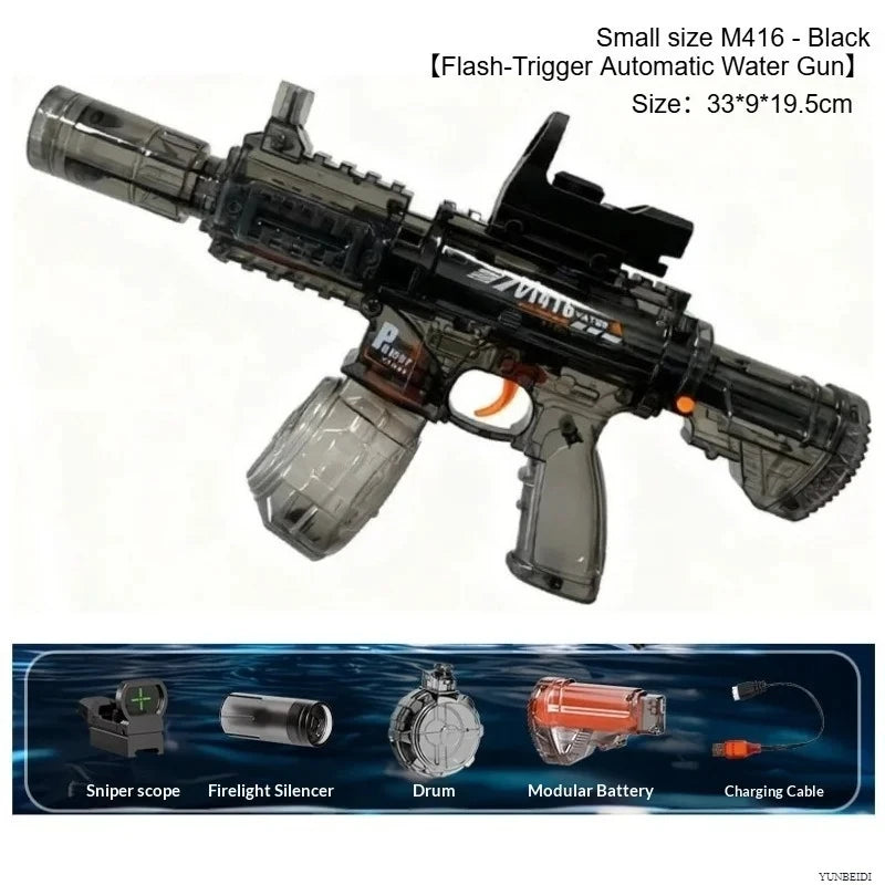 Black M416 flash-trigger automatic water gun with accessories like a sniper scope and battery