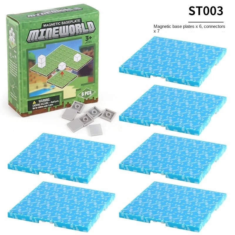 A set of six magnetic base plates for building blocks, packaged in a green box.