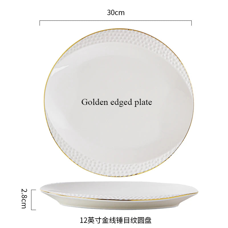 Golden edged plate with a 30cm diameter and 2.8cm depth, described as a 12-piece gold-edged plate set.