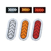 Three views of a 6-inch oval LED trailer tail light with dynamic amber arrow turn signal in clear, orange, and red lenses.