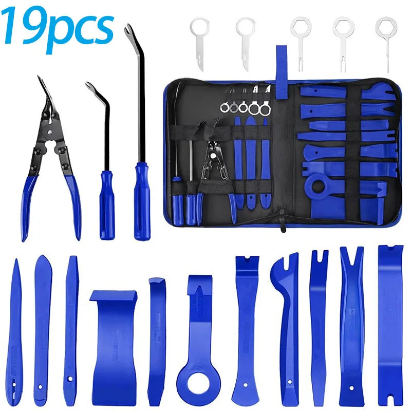 A set of 19 precision tools for car trim removal, including various pliers and cutters, stored in a black pouch.