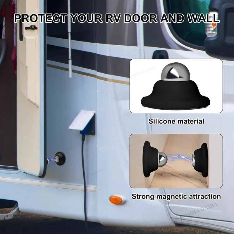A close-up of a silicone magnetic door catch installed on an RV wall, demonstrating strong magnetic attraction.