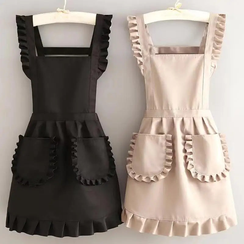 A black Korean style cotton kitchen apron with adjustable neck strap and ruffled details.