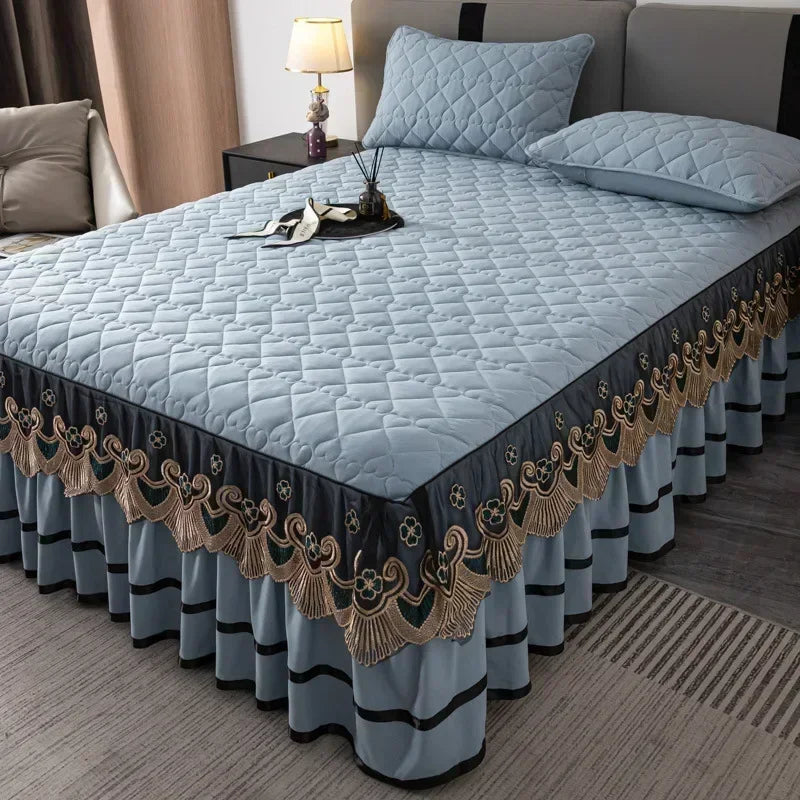 Gold Embroidered Lace Bed Skirt with Heart Pattern