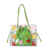 A clear plastic tote bag with a green fabric inner pouch and green handles, decorated with heart shapes.