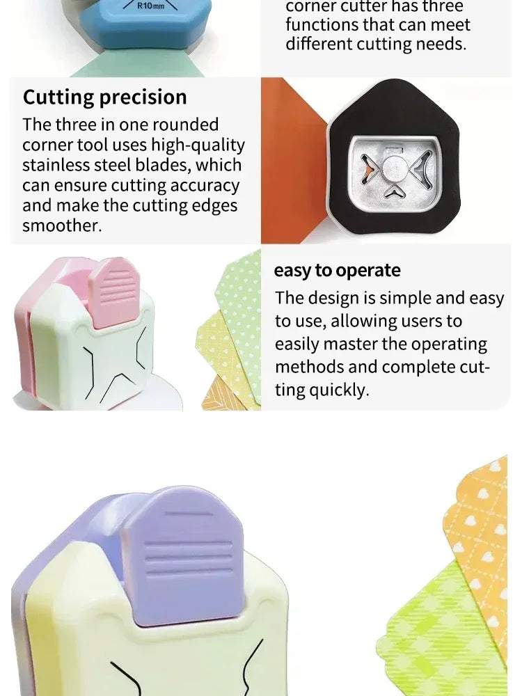 A close-up view of a multi-functional corner cutter tool used for crafting and cutting materials.