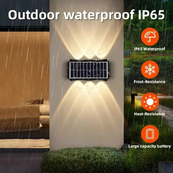 Outdoor waterproof IP65 solar wall light illuminating a wall with a battery and solar panel.