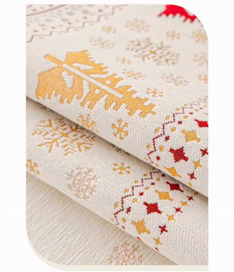 Close-up of Christmas tree patterned chenille sofa covers with anti-slip backing shown in a rolled view.