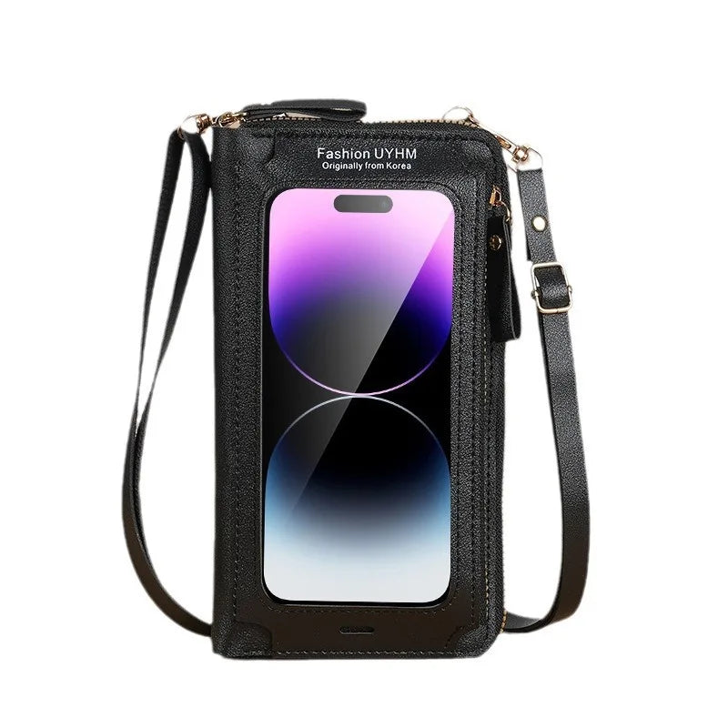 Black fashion crossbody phone bag with a clear window displaying a smartphone screen