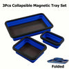 A set of three collapsible magnetic trays in blue and black, with one tray folded.