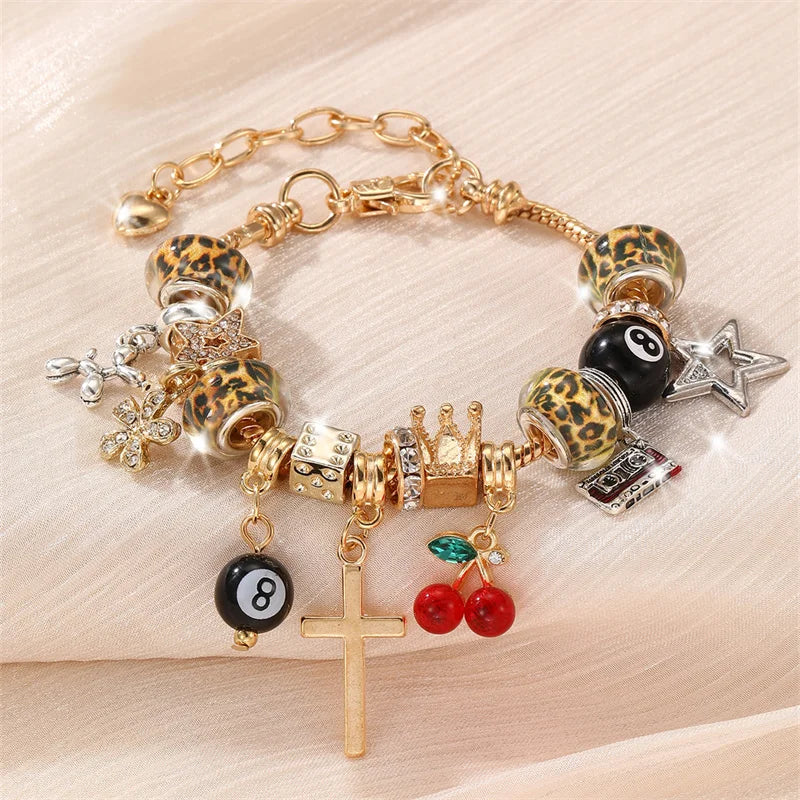 Leopard Cross & Black Beaded Bracelet with Sparkling Crystal Accents