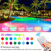 A vibrant pool of water illuminated by 16 changing LED colors, with a remote control device shown nearby.