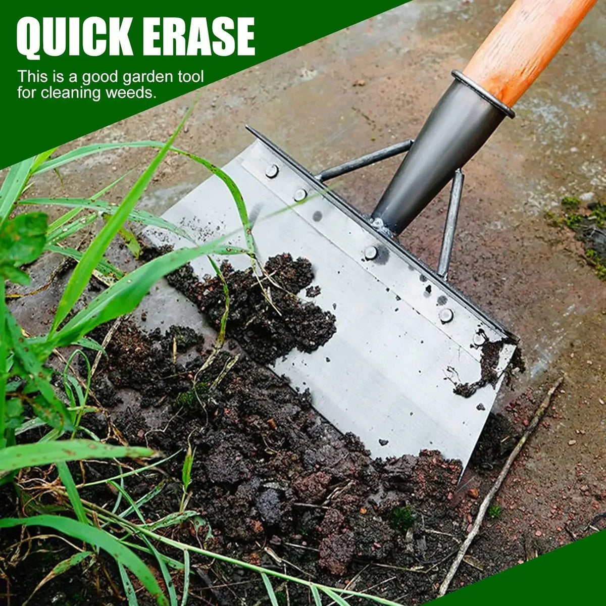 A metal garden tool for quick erase used to remove weeds from the soil.