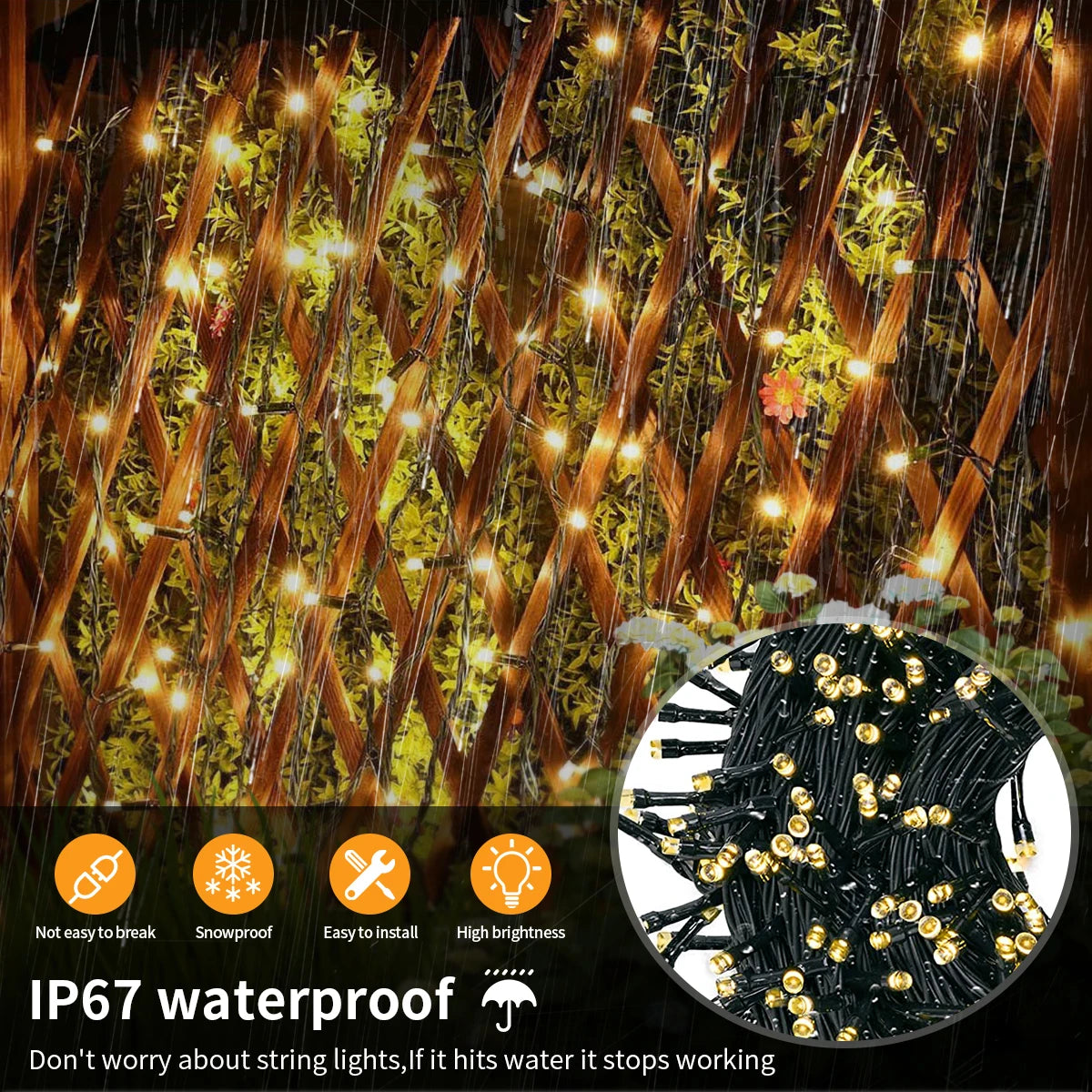 Close-up of warm yellow LED string lights strung through dark branches in an outdoor setting.