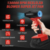 Red cordless handheld jet blower with a blue light, featuring a brushless motor and adjustable speeds.