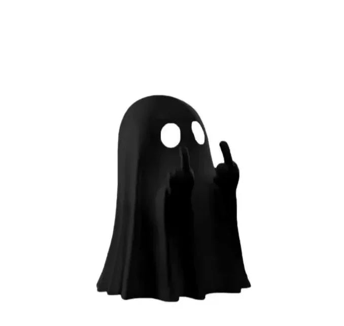 A black resin statue of a ghost making the middle finger gesture for Halloween decor.
