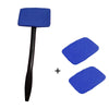 A blue car windshield cleaning brush kit with a black handle and a matching microfiber pad.