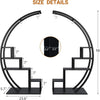 A black 5-tier half moon metal plant stand with hanging hooks shown in a top-down view.