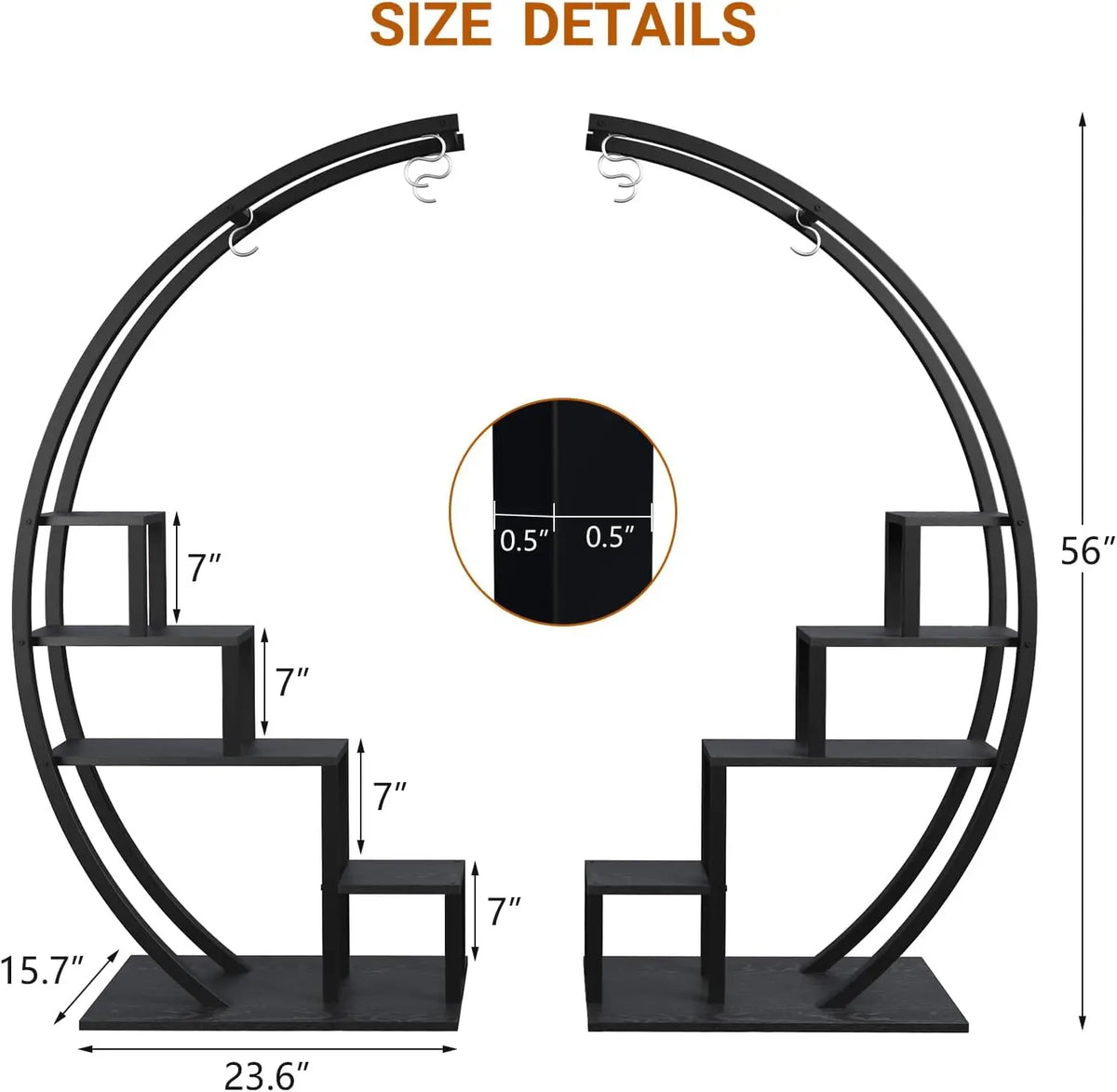 A black 5-tier half moon metal plant stand with hanging hooks shown in a top-down view.