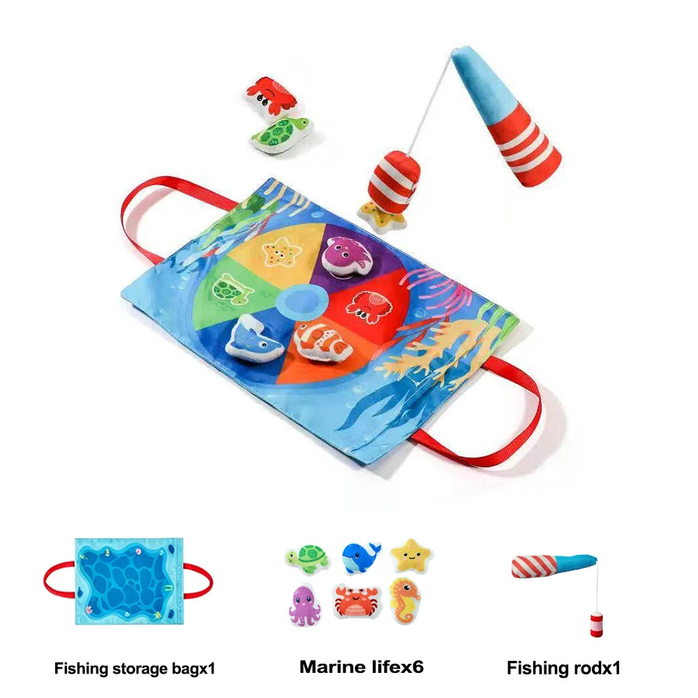 Montessori fabric fishing game set including a fishing rod and various fish shapes