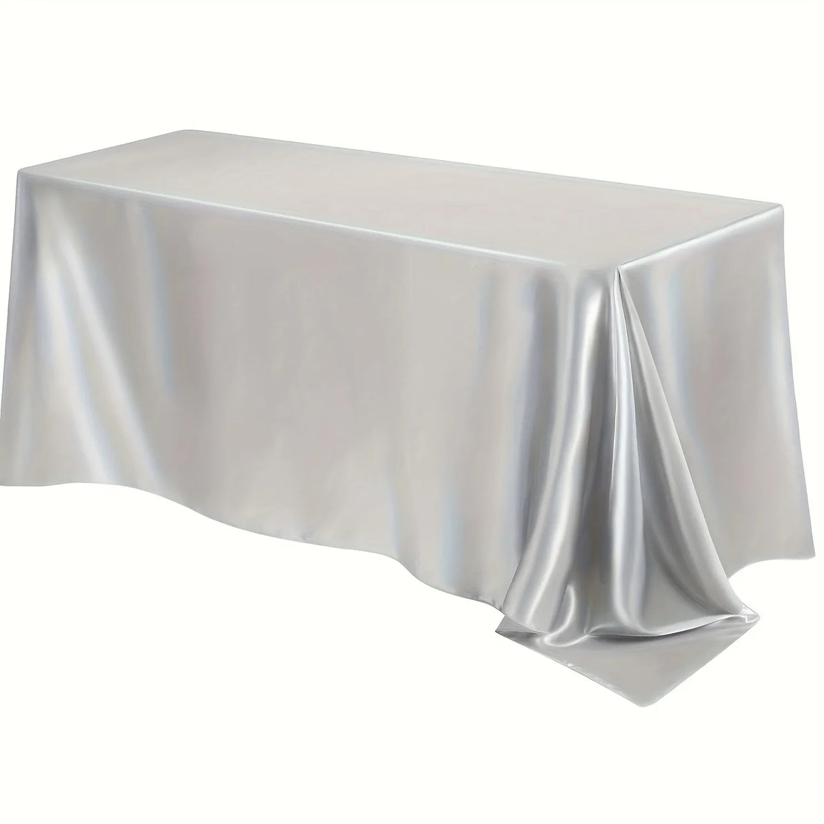 A smooth, silver-grey satin tablecloth draped elegantly on a table.